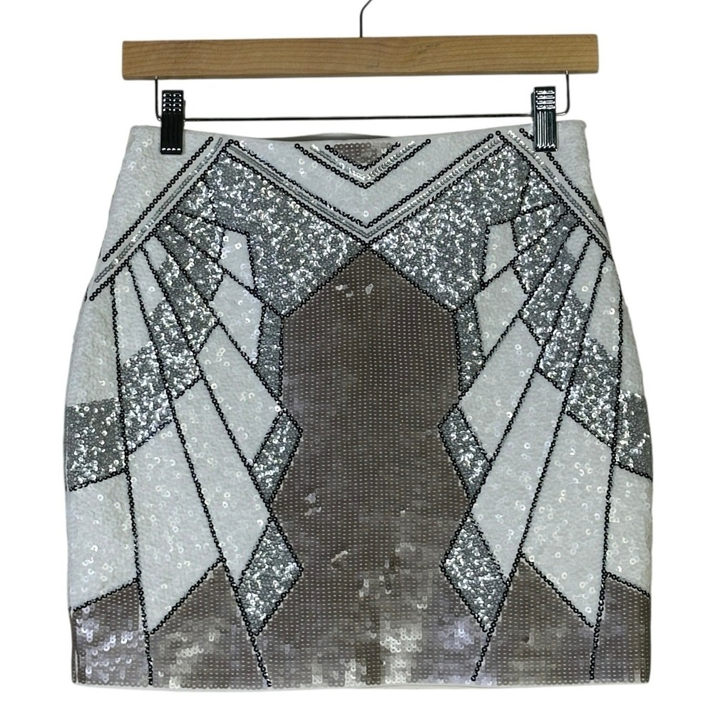 NWT Express Sequin Mini Skirt Womens XS White Silver Geometric High Rise NYE